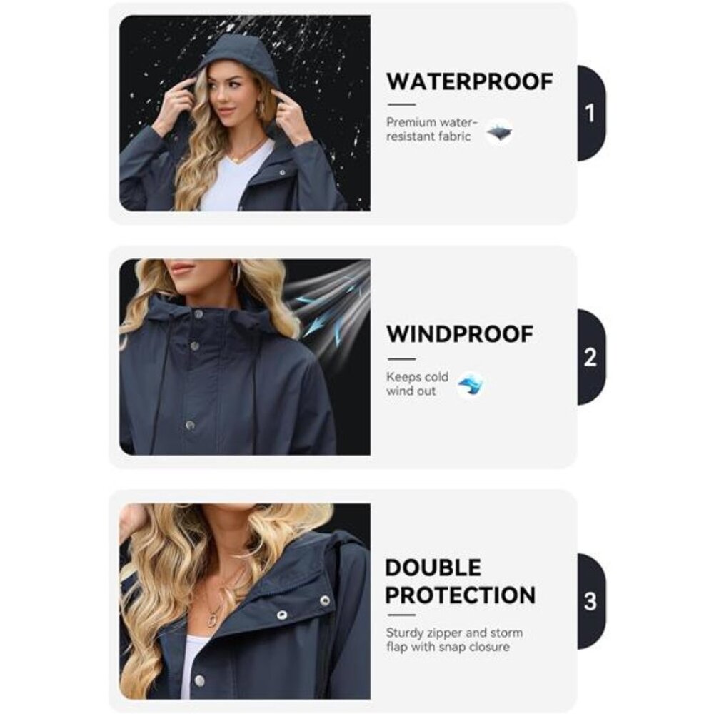 Women's Long Rain Coat Packable Rain Jacket Waterproof Raincoat - Picture 2 of 6